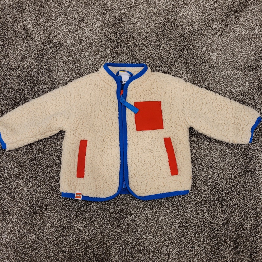LEGO Target Kids Sherpa Fleece Jacket Cream Blue Red Full Zip 3-6M B04-0026